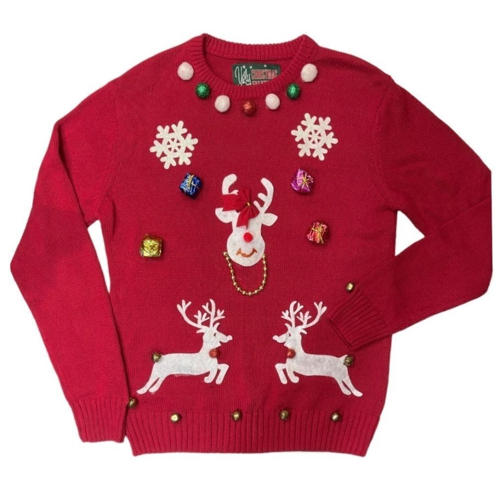 UGLY CHRISTMAS‎ SWEATER Women's Small Red Sweater Embellished Crew Neck Bells